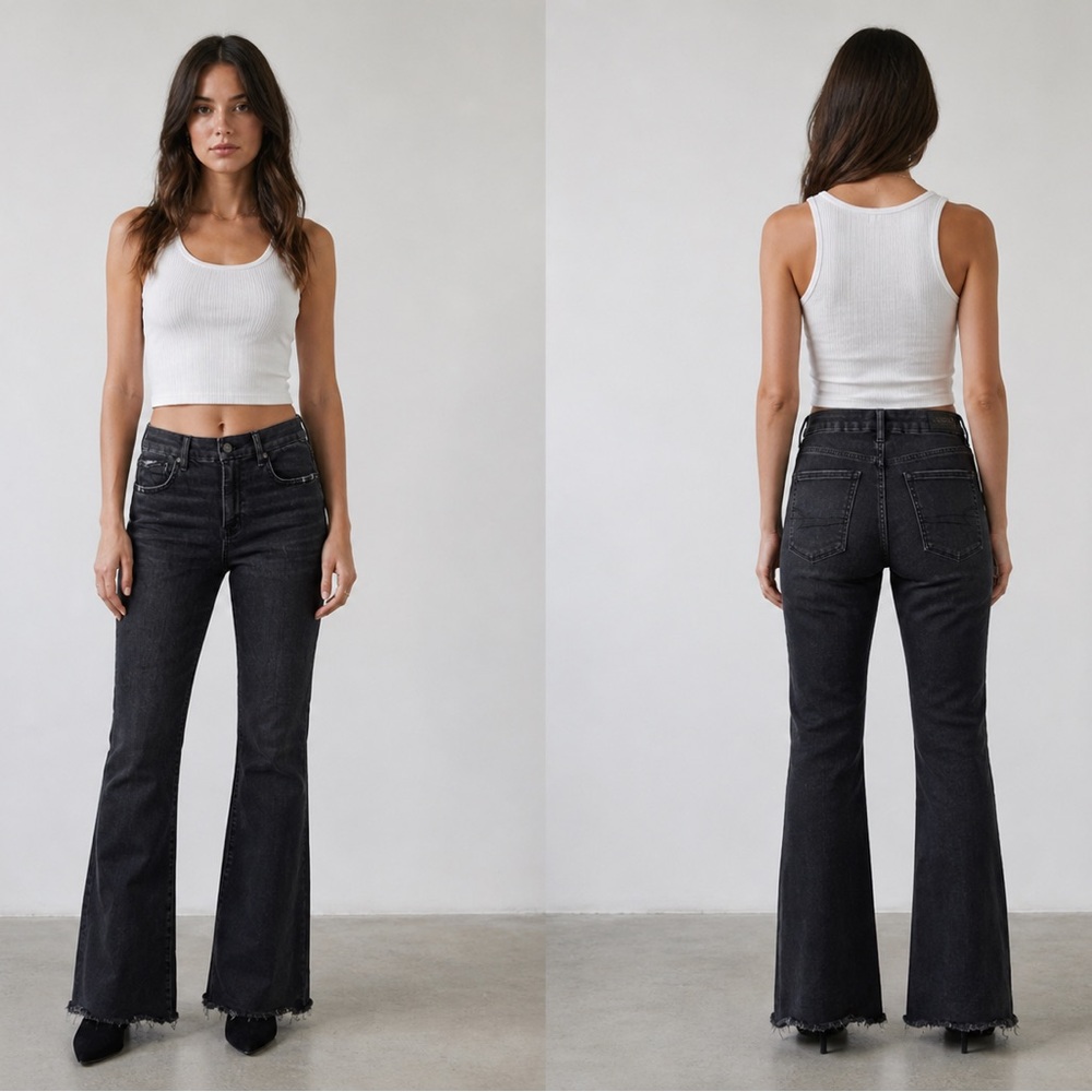 American Eagle Black Faded High Rise Festival Flare Rawhem Jeans 6 Six Long